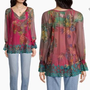 Johnny Was NWOT Mazzy Mesh Blouse Sz S Long Slv Eyelet Embroidered Floral Boho